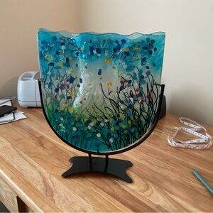 Handcrafted Blue and Green Glass Art Piece. Infused glass with stand